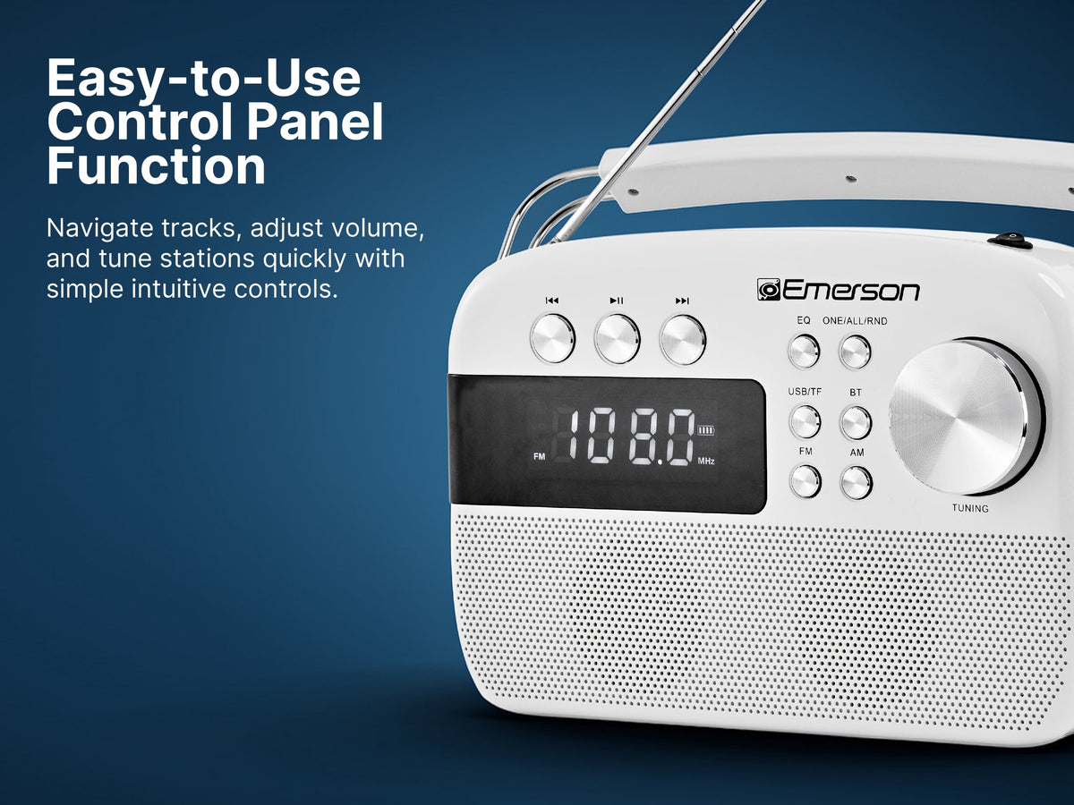 Emerson EAS-3010 Portable Bluetooth Radio with MP3 Player, Retro Style Wireless Speaker with AM/FM Tuner, Built-in 1200mAh Rechargeable Battery, 5W Stereo Sound, USB/TF/Aux-in, LCD Display