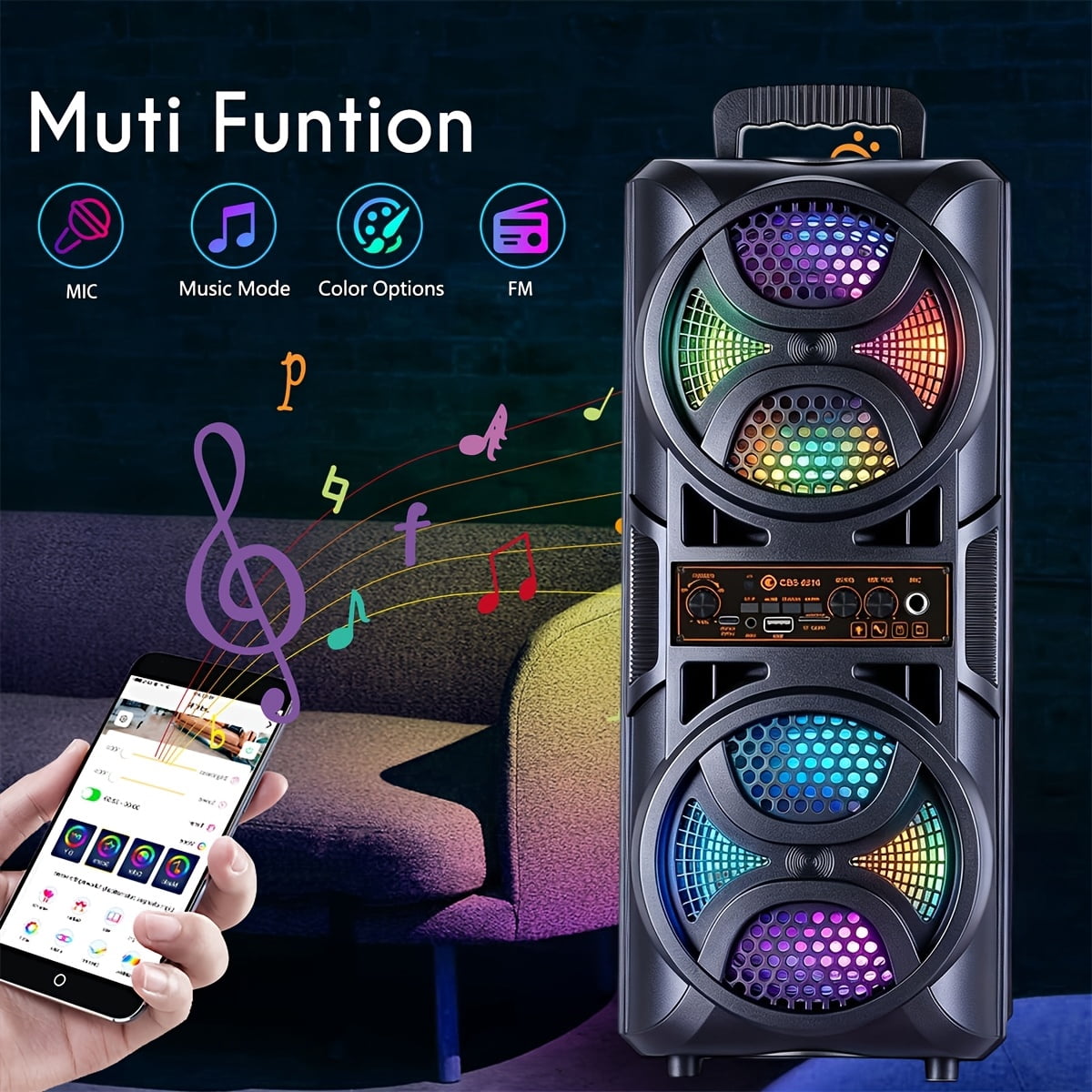 Portable Large Speaker with Subwoofer & Microphone for Karaoke, BT/USB/TF/AUX/FM/TWS Compatible, USB PartyBox with LED, for Parties, Theater, Ideal Gift for Birthdays & Christmas
