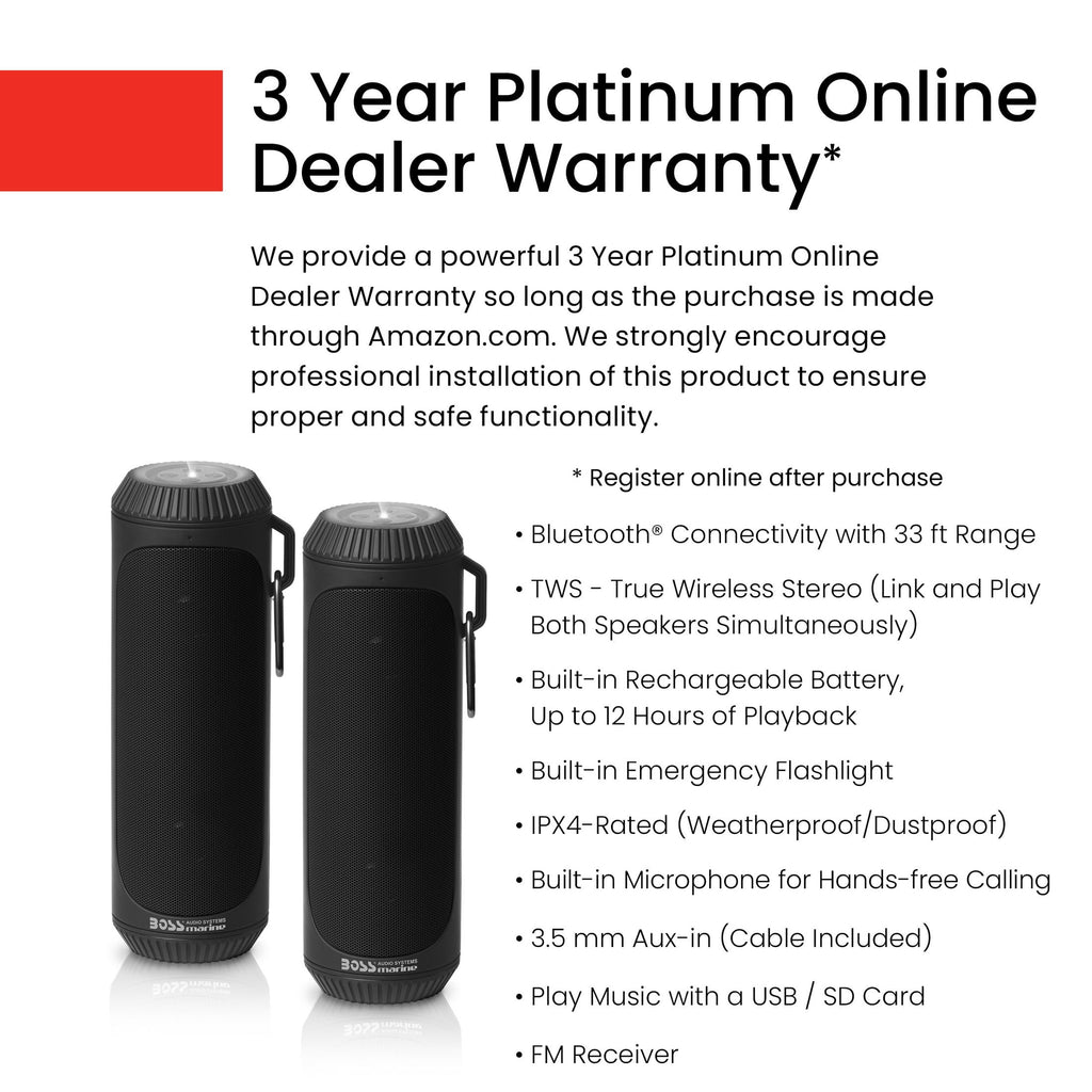 BOSS Audio Systems BOLTBLK Bluetooth Speakers, 1.5” Speakers Built-in Flashlight