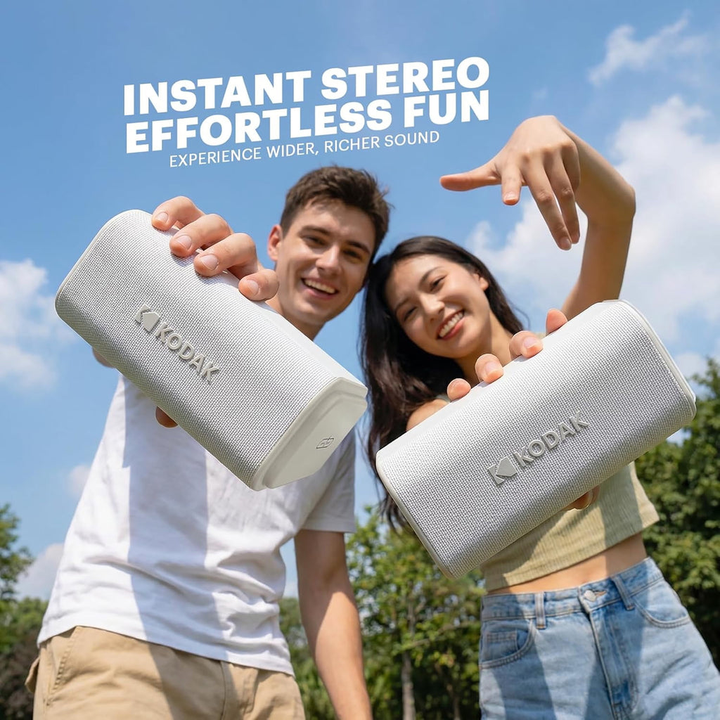 Kodak SoundBrix Plus 2-Piece Portable Rechargeable Bluetooth Speaker System, TWS, Magnetic Docking, IPX4, up to 5 Hours Play Time , Grooving Gray