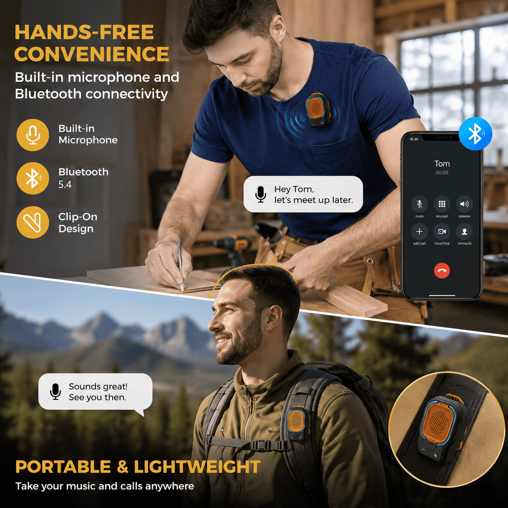 Wearable Bluetooth Speaker, Small Clip-on Wireless Portable Speaker, 10H Battery, IPX6 Waterproof Mini Speaker, 3 Light Modes with Mic, for Hands-Free Music Call Outdoor Work, Gift for Dad, Black