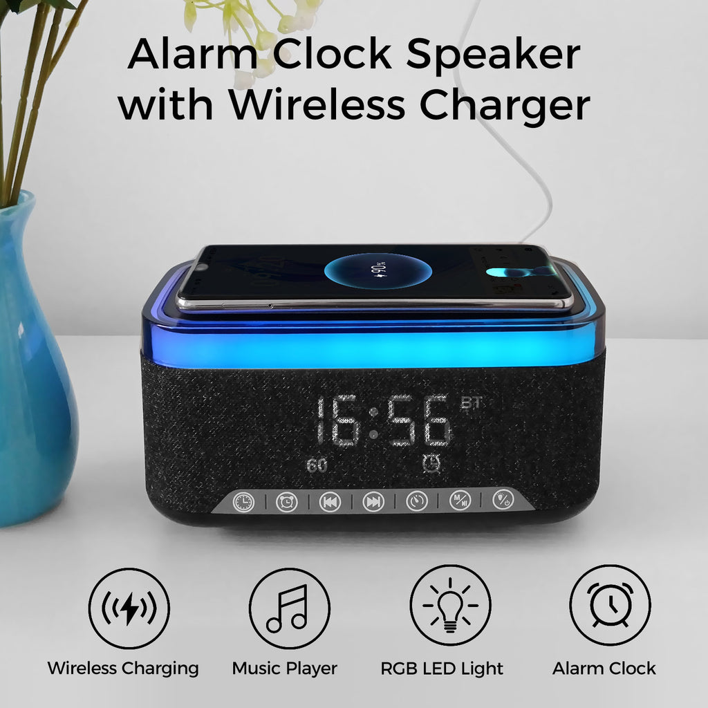 10W Bluetooth Stereo Speaker-Alarm Clock, Wireless Charging, RGB light