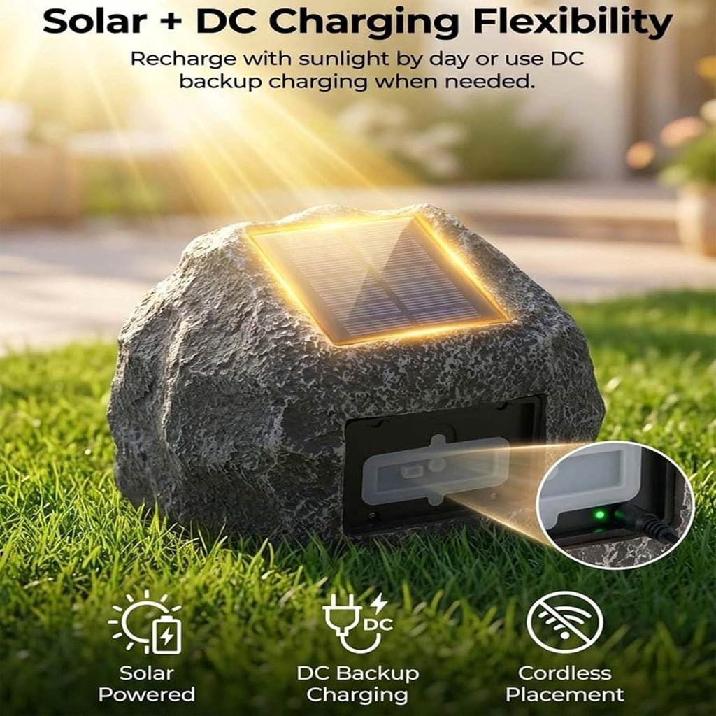 Solar Powered Rock Speakers, Outdoor Waterproof Bluetooth Stereo | High-Efficiency Solar & USB Charging, Realistic Resin Stone Design for Patio Garden Yard, 1 Piece, Dark Gray