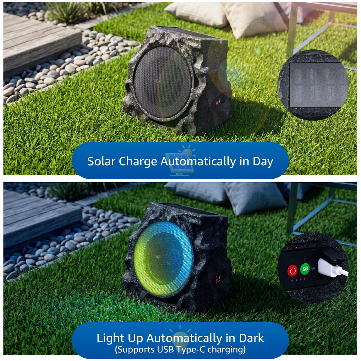 NiceBuy Outdoor Waterproof Solar Powered Bluetooth Rock Speakers with TWS Pairing and RGB Lights, 2 Pack