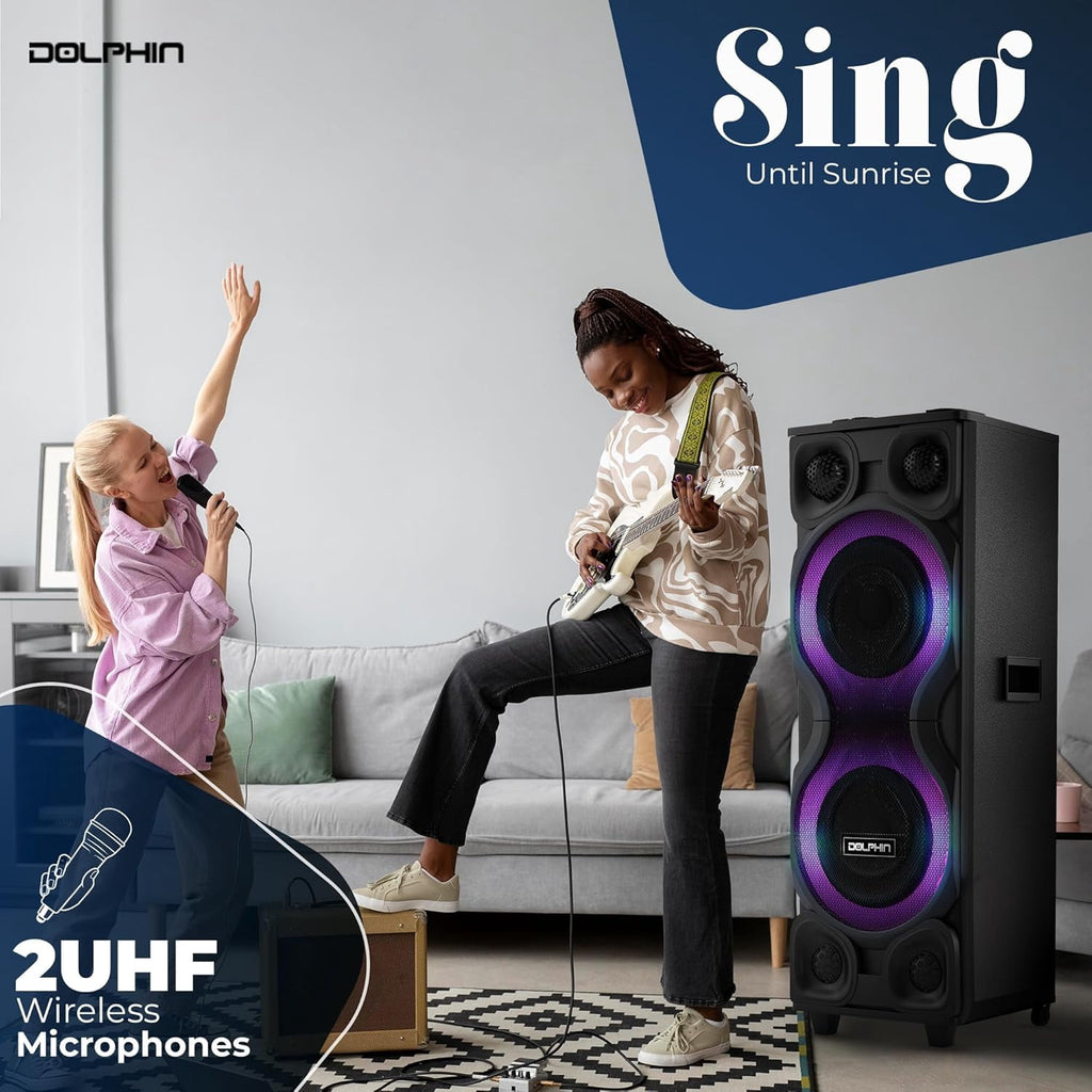 Dolphin SP-2250RBT High-Power Big Party Speaker – X-BASS, Strobe & LED Infinity Lights, Bluetooth, Wood Cabinet MDF, 2 UHF Wireless Mics, 120W, Long-Lasting Battery for DJ & Karaoke