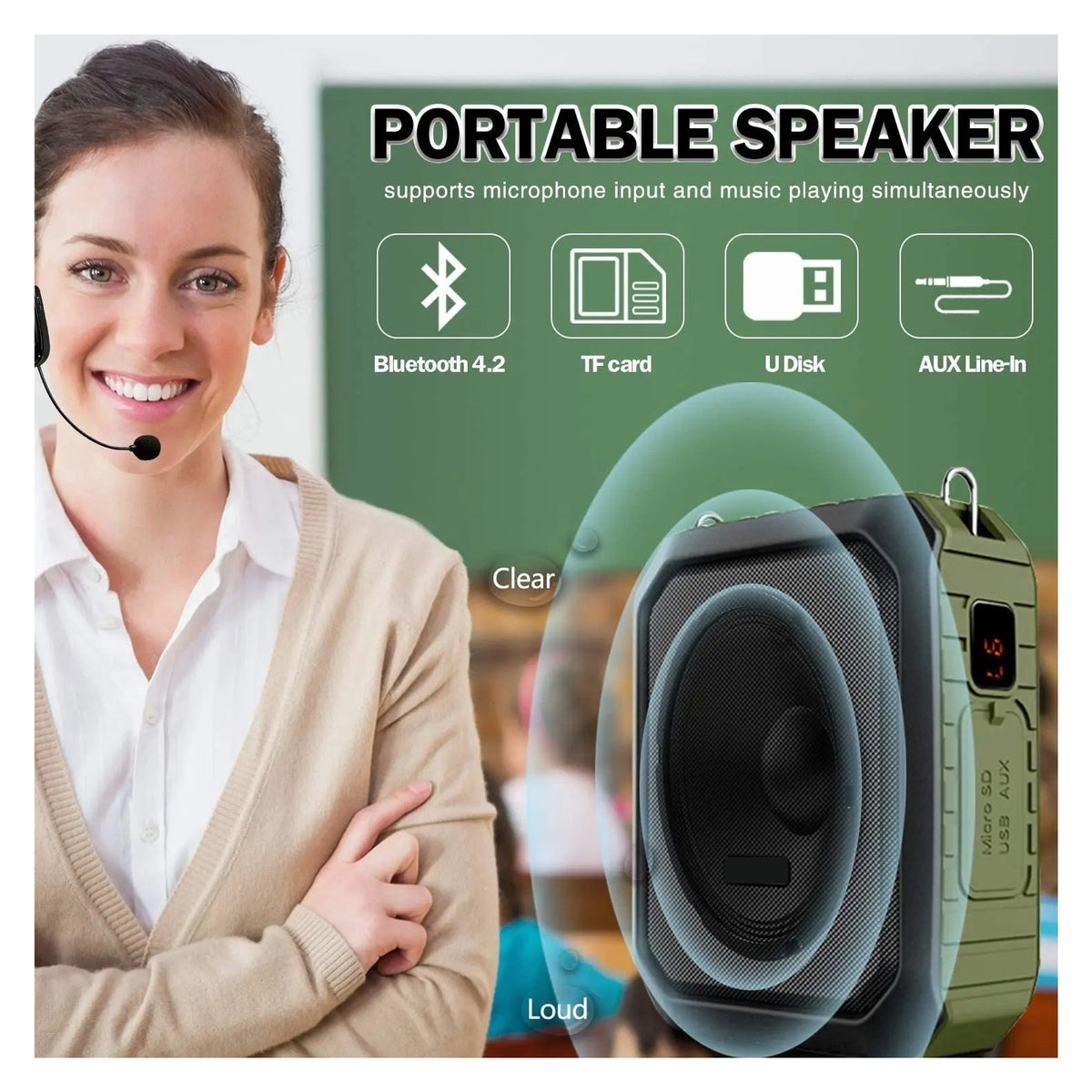 18W Portable Wireless Voice Amplifier For Teachers UHF Microphone Waterproof Speaker As 4400mAh Power Bank ,High Sound