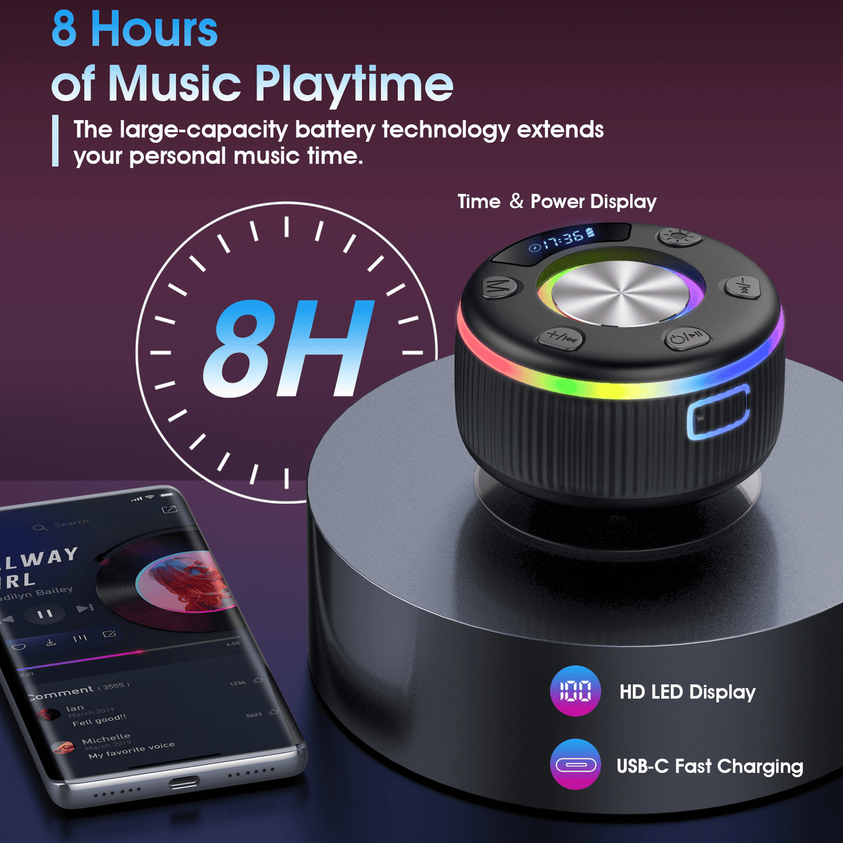 Bluetooth Shower Speaker, IPX7 Waterproof Wireless Speaker with Suction Cup, Time & Battery Display, Hands-Free Calls, 8–15H Playtime, 360° Sound Portable Mini Speaker for Bathroom and Travel