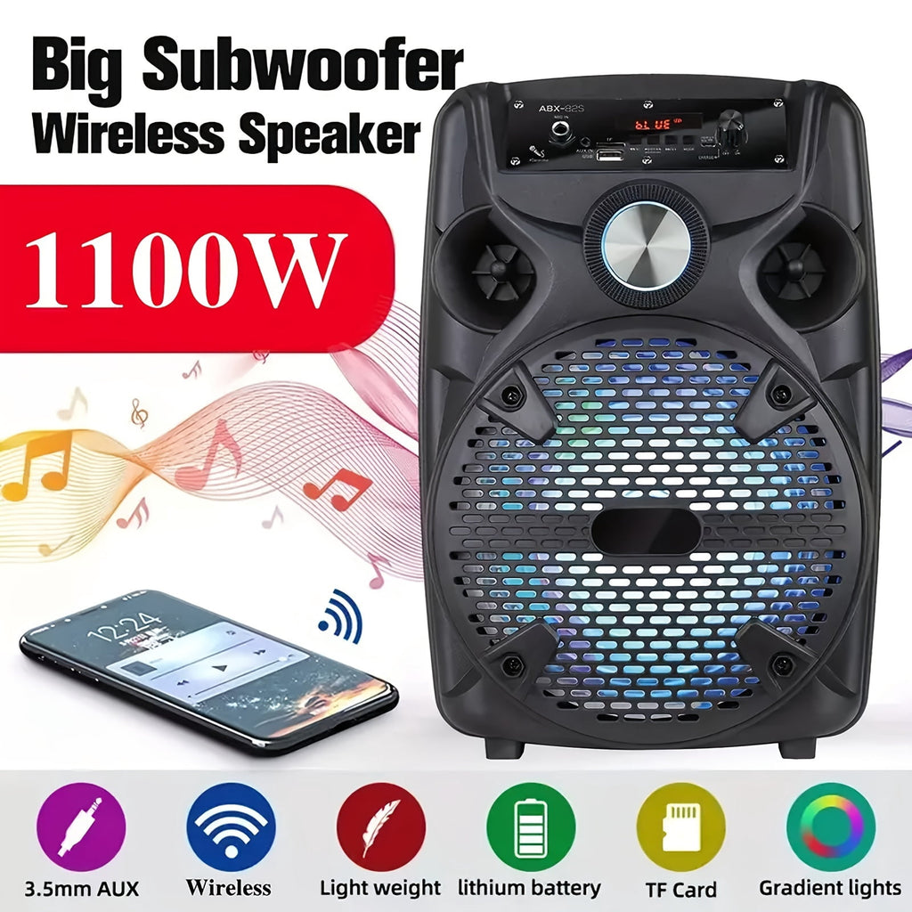 1100W Portable PA Speaker with 8" Subwoofer, Bluetooth, 7-Color LED, Rechargeable Battery, USB/SD/AUX, Includes Wired Mic & Stand for Outdoor Party