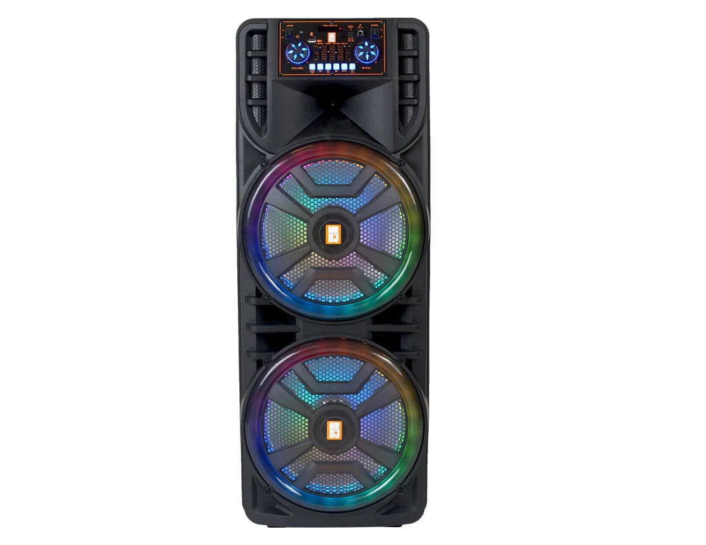 MR DJ NEWYORK 2.0 Dual 12" Rechargeable Portable Bluetooth Karaoke Speaker Party Flame Lights with 2 Wireless Microphone TWS USB FM Radio