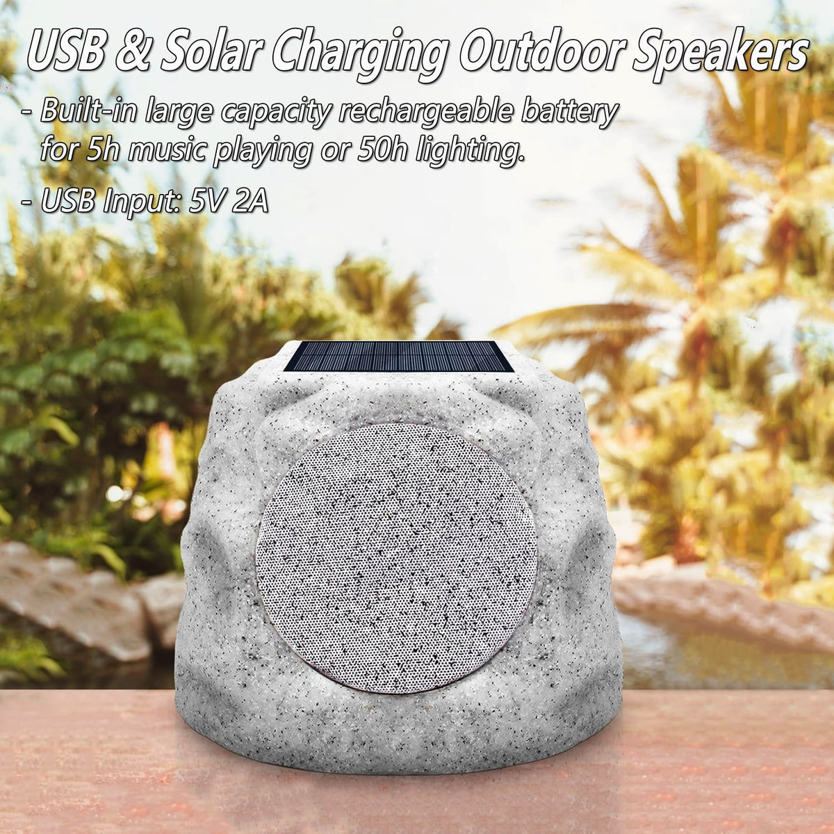 Postlucky 2 Pack Outdoor Solar Rock Speakers, Bluetooth, TWS Pairing, RGB LED Flashing, USB Charging, Waterproof, 7.3" Gray