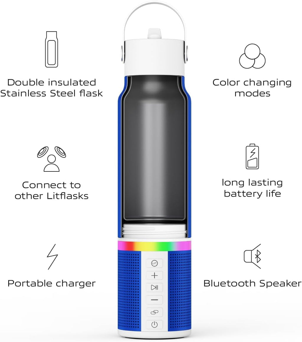 LITFLASK Smart Water Bottle with Premium Bluetooth Speaker, White, Portable Charger, LED Light, Stainless Steel, Mix & Match Colors, 20oz - Oprah's Favorite Things 2024