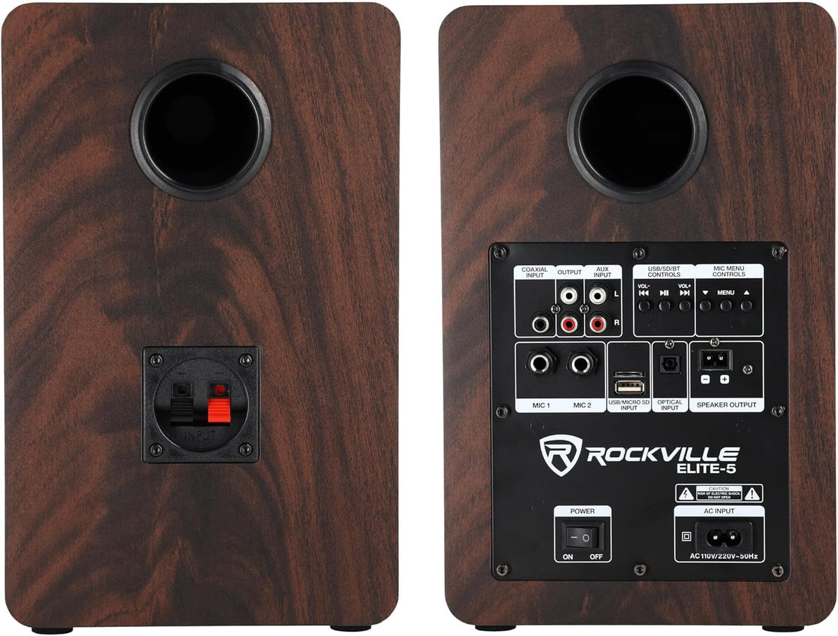 Rockville ELITE-5D 5.25" Powered Bookshelf Speakers with Bluetooth 800 Watts Peak Power Dark Wood