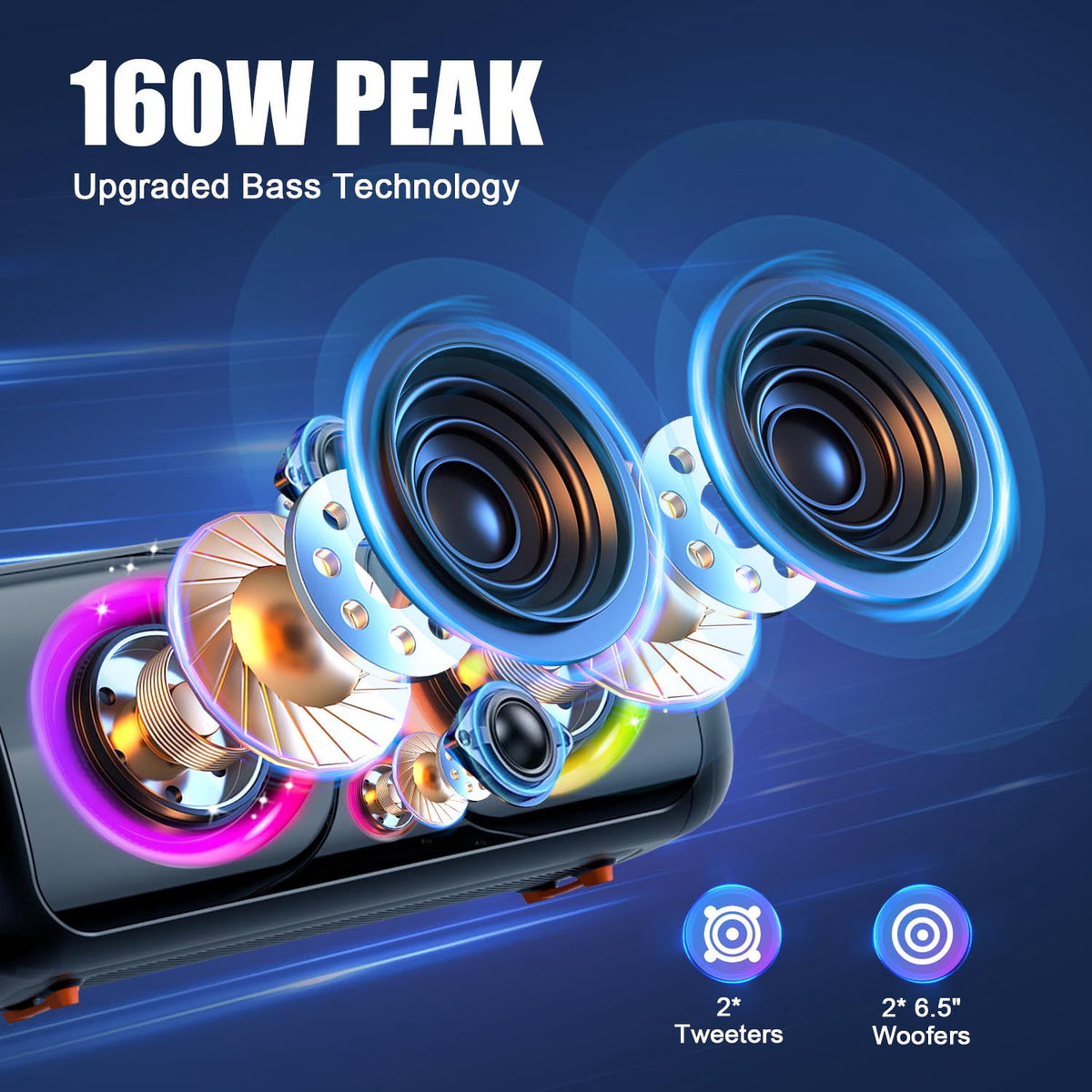 Party Bluetooth Speakers with Bass, 160W Big Speakers with Lights Microphone Input and Long Lasting Battery