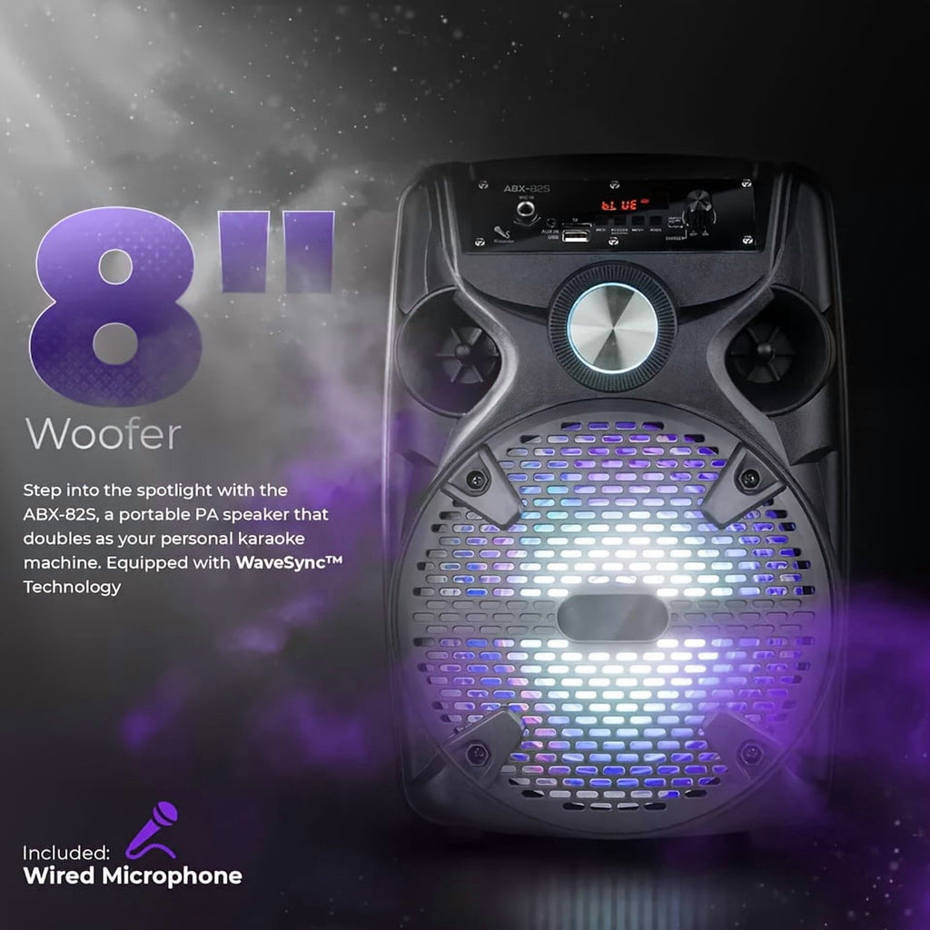 1100W Portable PA Speaker with 8" Subwoofer, Bluetooth, 7-Color LED, Rechargeable Battery, USB/SD/AUX, Includes Wired Mic & Stand for Outdoor Party