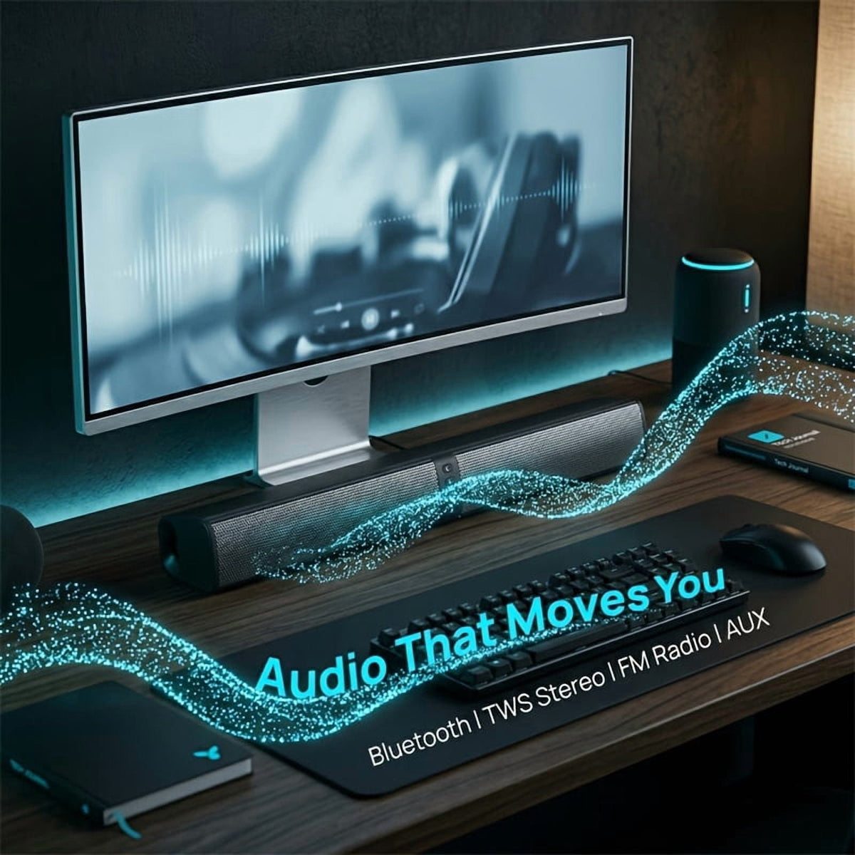 Stereo Bar Speaker for Smart TVs, 2-in-1 Wireless Subwoofer, Home Theater System, Bass Enhancement, Supports TF/AUX/FM/RCA/TWS, 2000mAh Battery, for DVD/TV/PC/Phone/Games