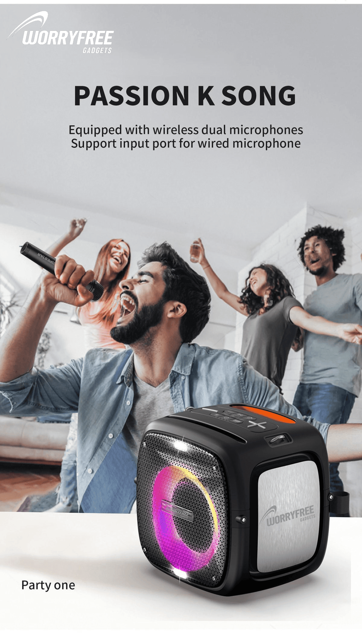 WorryFree Gadgets Portable Bluetooth Speaker with Two Microphones and Multicolor LED Lights, Wireless, 80W, Black