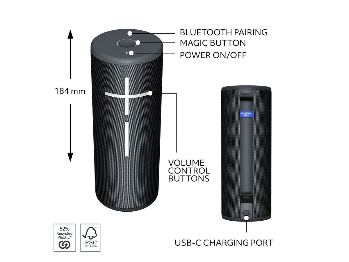 Ultimate Ears Boom 4 Portable Bluetooth Speaker IP67 Waterproof 360-Degree Sound 15‑Hour Battery – Black