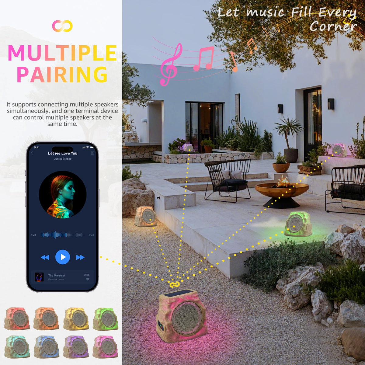 NiceBuy 2-Pack 8.1" Bluetooth Rock Speakers, Powerful Sound Solar Outdoor Wireless TWS Stereo Speaker with RGB Colorful LED Light for Indoor Outside Patio Garden