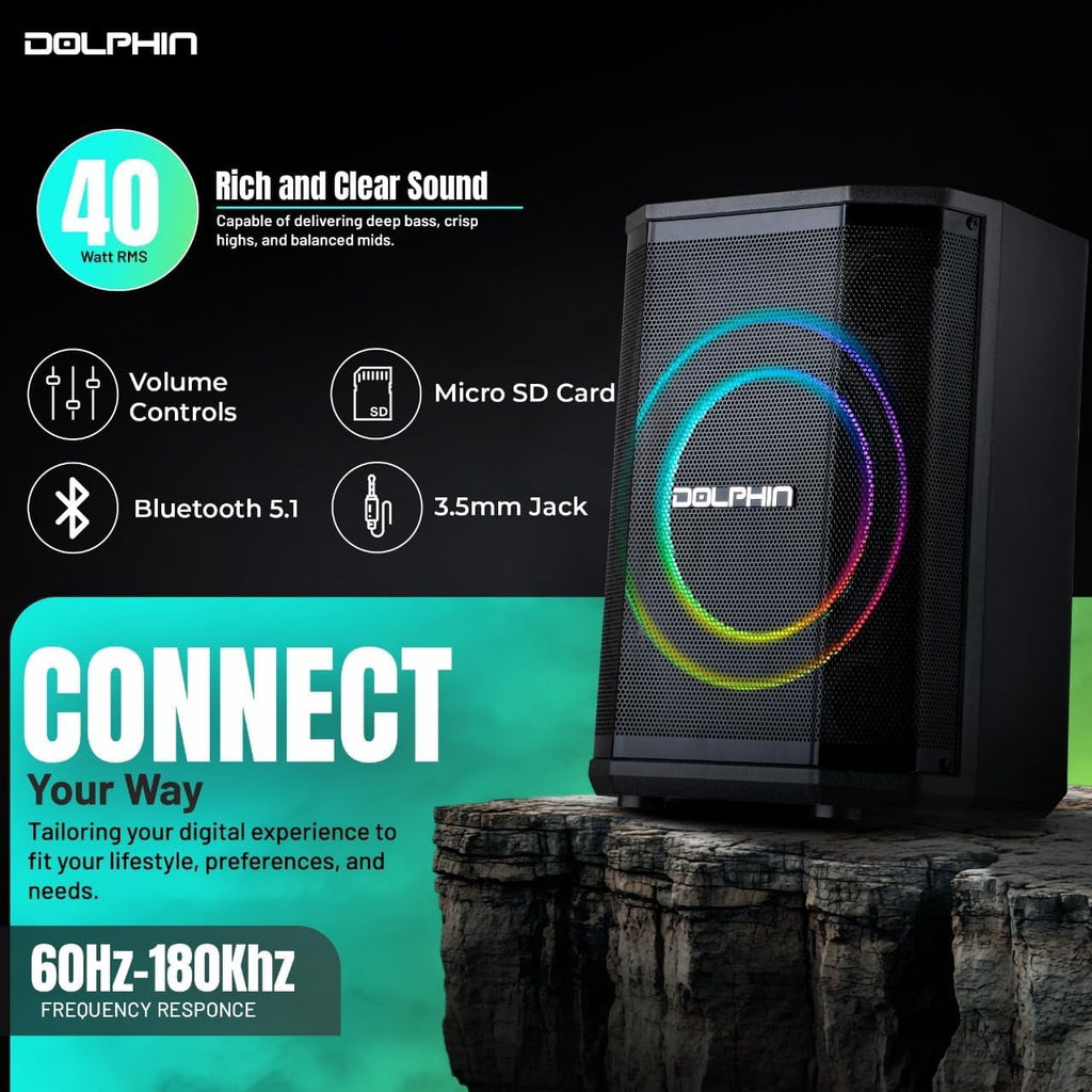 Dolphin SP-885RBT Rechargeable Portable Bluetooth Party Speakers, Tiltable, 3D LED Ring Light, TWS, Wireless Microphone, and Multiple Playback Options