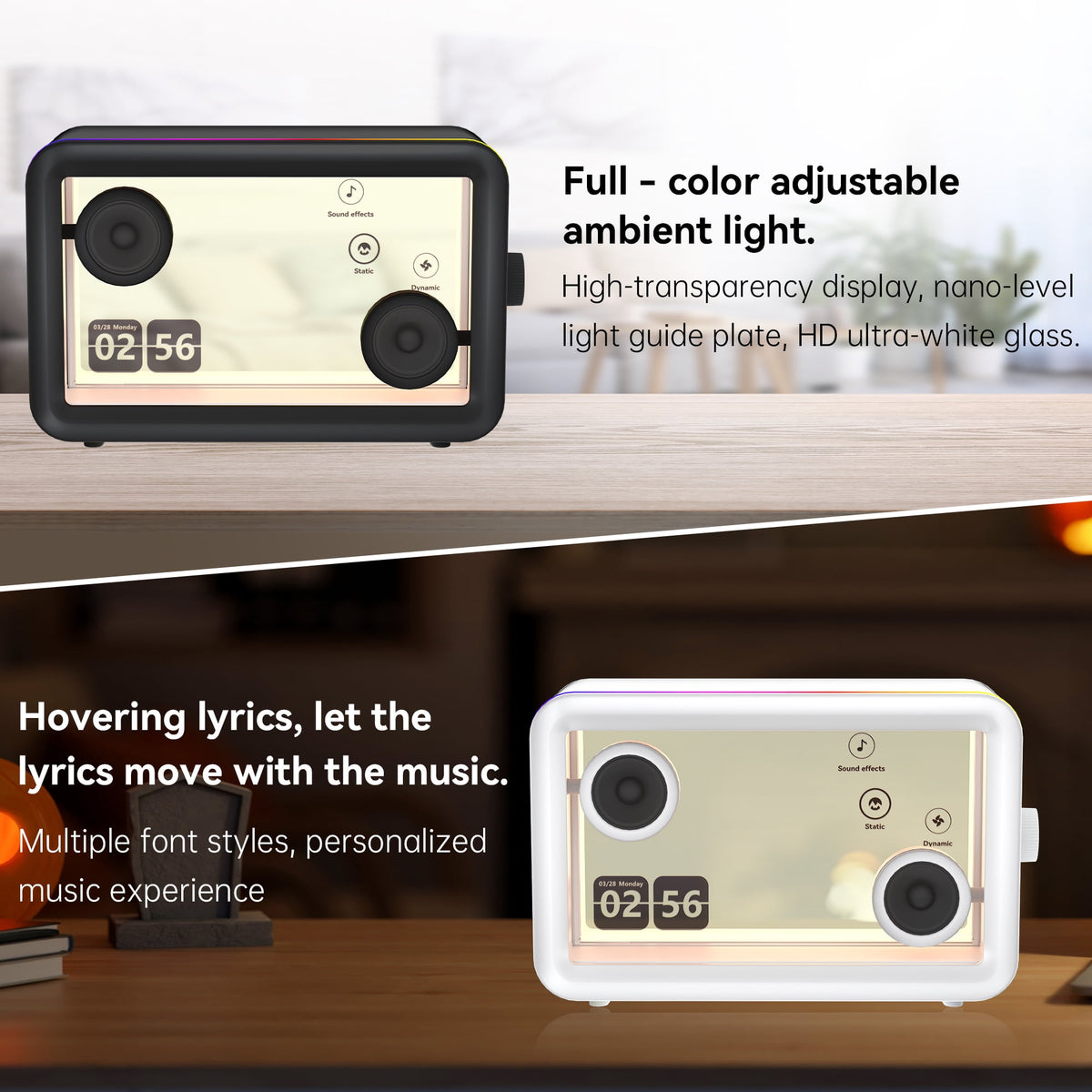 BESTSKI Bluetooth Speaker,with HD sound Hi-Fi Soundbar Speaker and Transparent Glass Screen, Dynamic Floating Lyrics, Digital Frame Function, LED Light Show,2.4G Wifi - Black