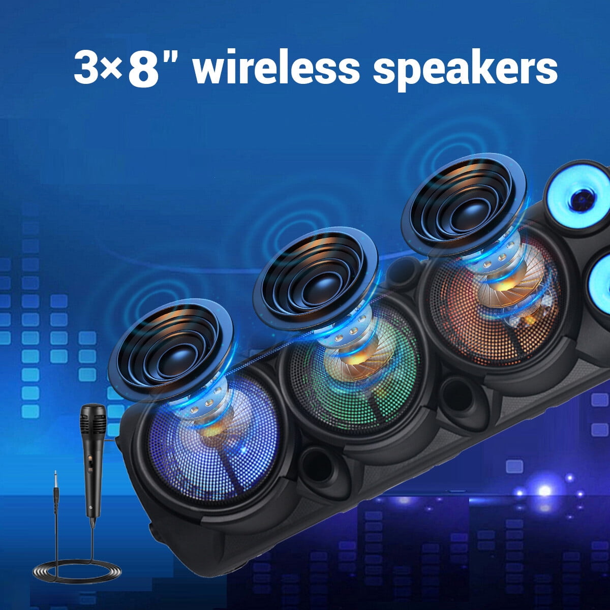 CURUK Portable Wireless Bluetooth Speaker Triple 8" Woofer PA System FM AUX TWS, MIC, RC, LED Light