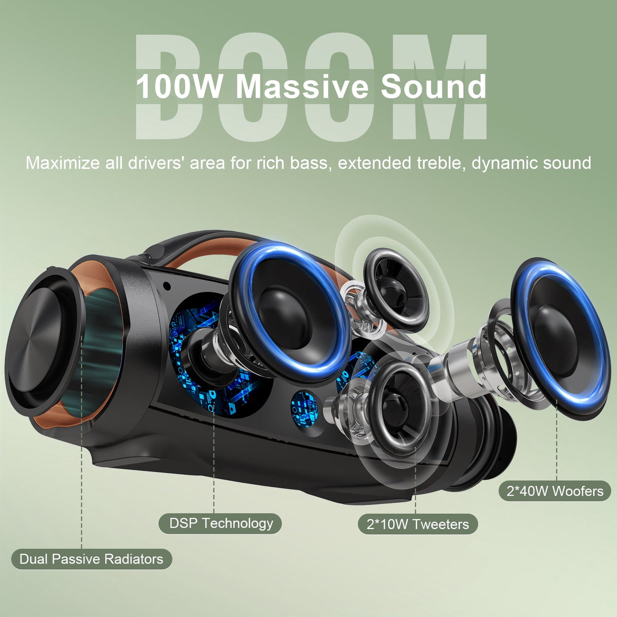 DOSS Extreme Boom+ Bluetooth Speaker with 100W Stereo Sound, Rich Bass, IPX6 Waterproof, 20H Playtime, Power Bank, Mixed Color Light, Portable Speaker for Outdoor, Camping, Beach